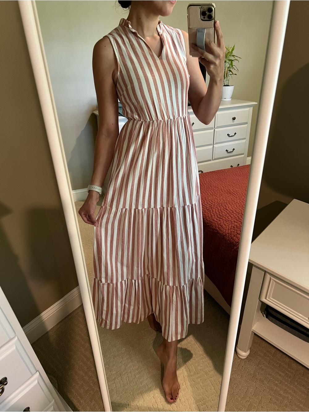 Sleeveless Pink and White Striped Tiered Maxi Dress